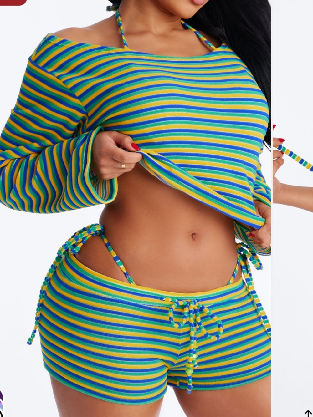 Fashion Nova Blue Green Yellow Striped Bikini & Coverup Set